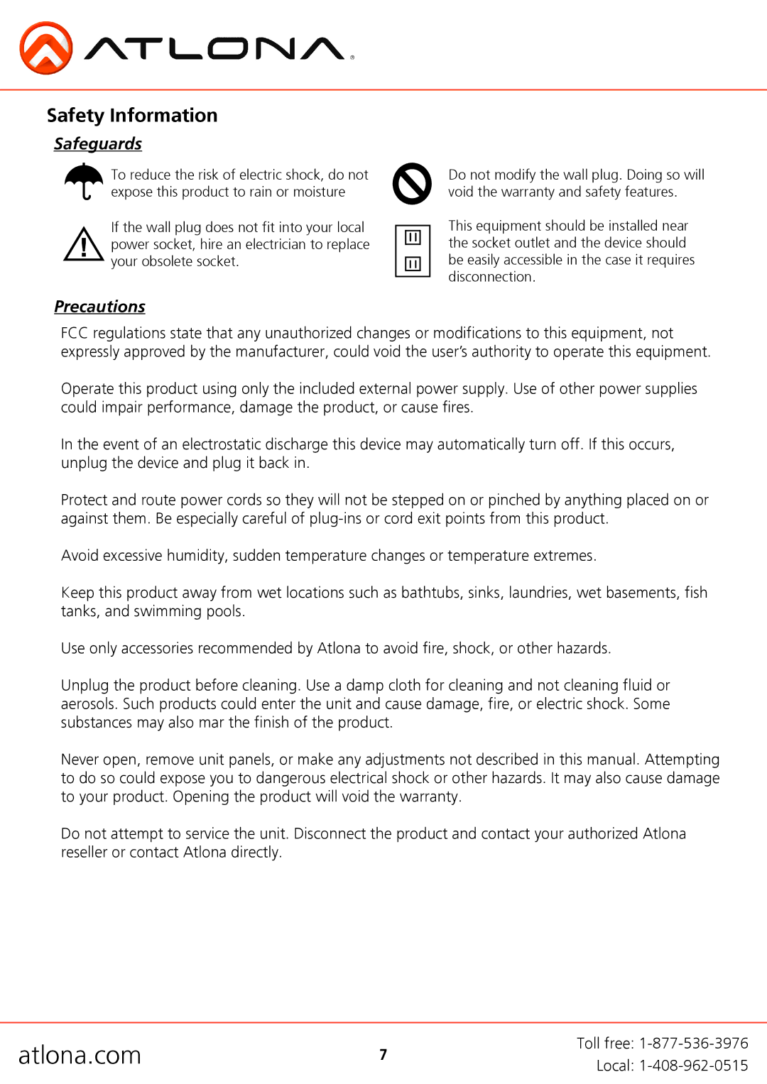 Atlona AT-HDDA-2 user manual Safety Information, Safeguards, Precautions 