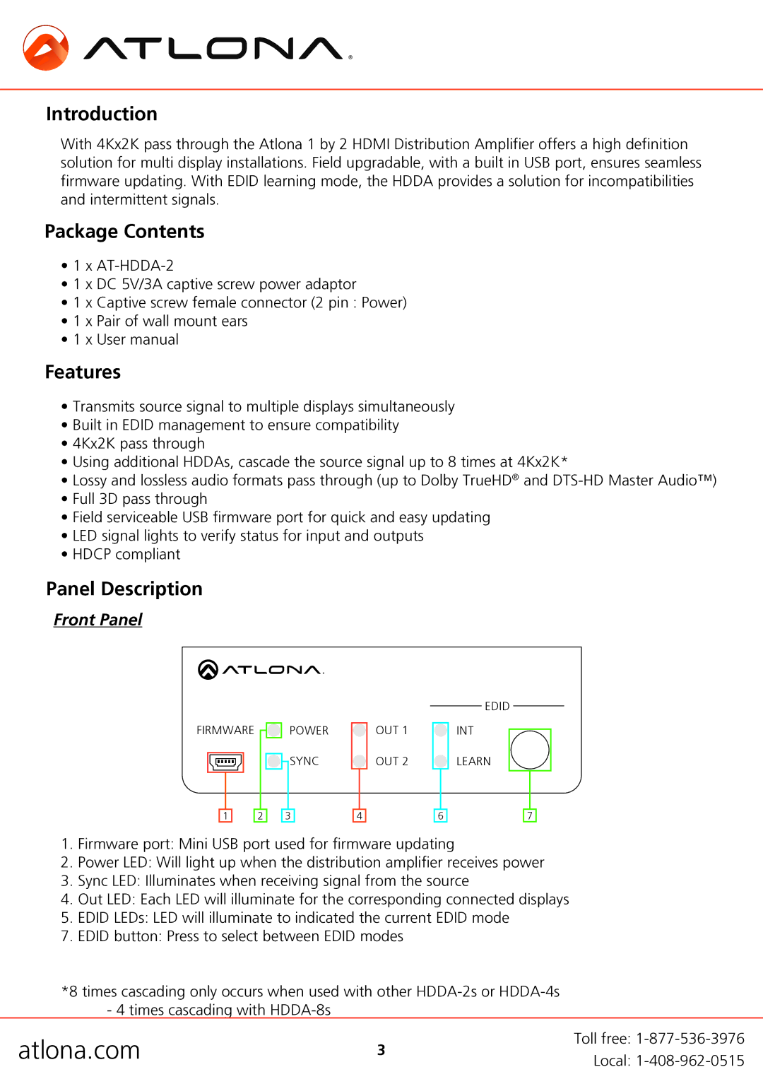 Atlona AT-HDDA-2 user manual Introduction, Package Contents, Features, Panel Description 