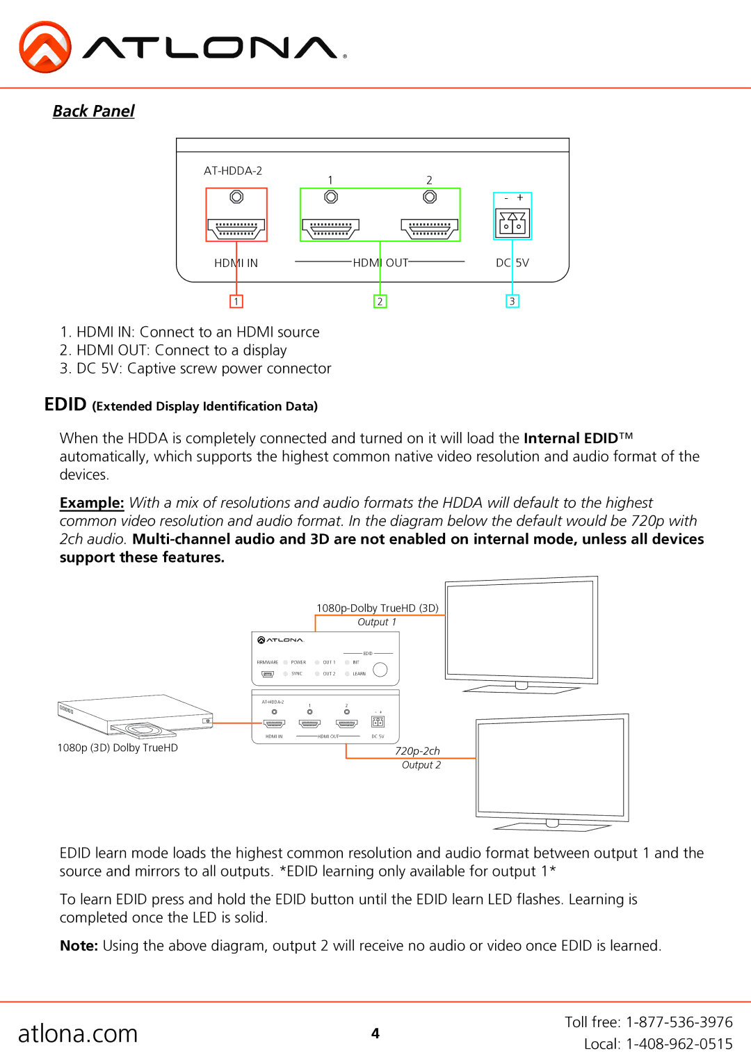 Atlona AT-HDDA-2 user manual Back Panel 