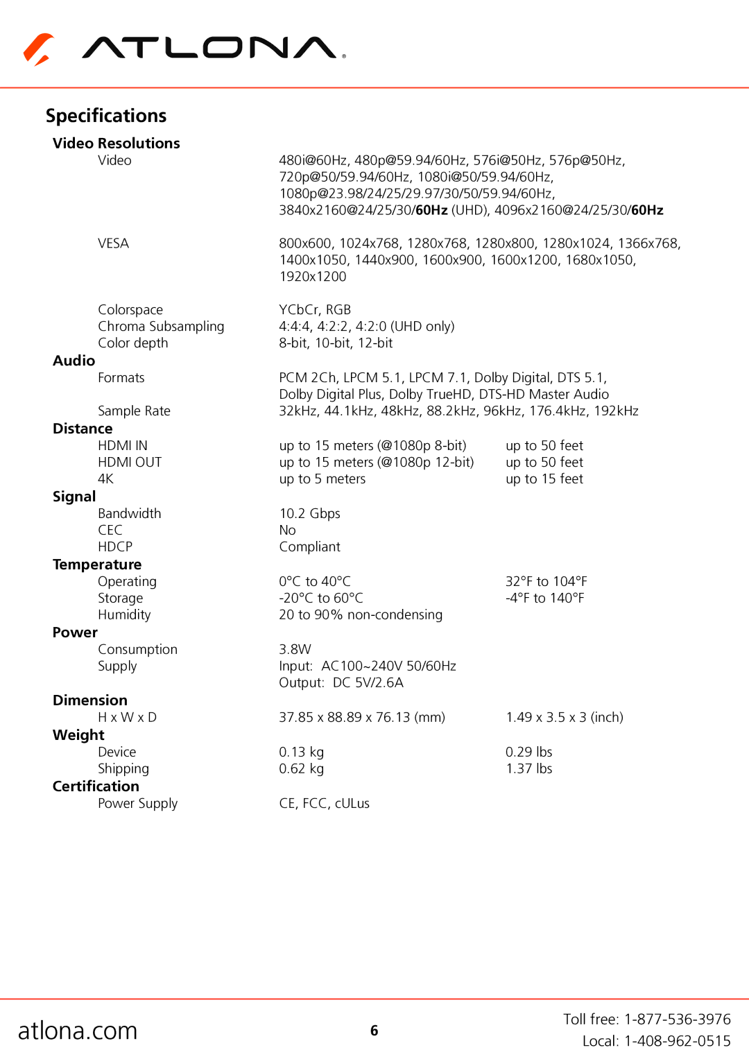 Atlona AT-HDDA-2 user manual Specifications 