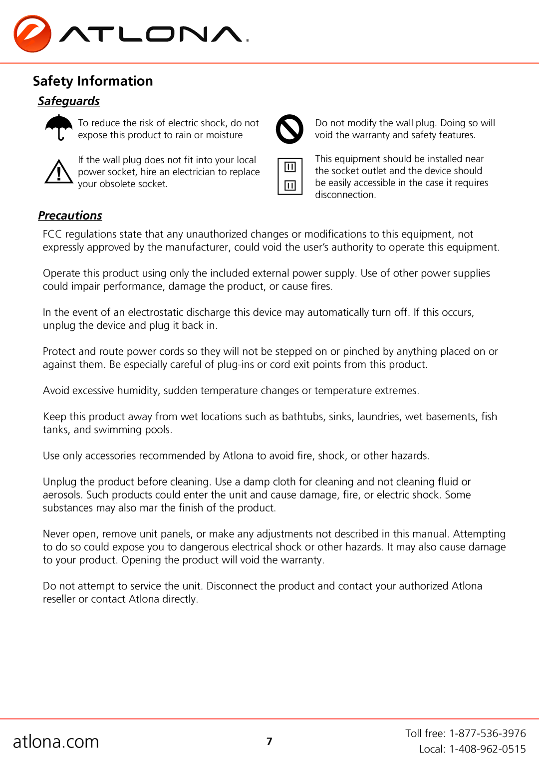 Atlona AT-HDDA-2 user manual Safety Information, Safeguards, Precautions 