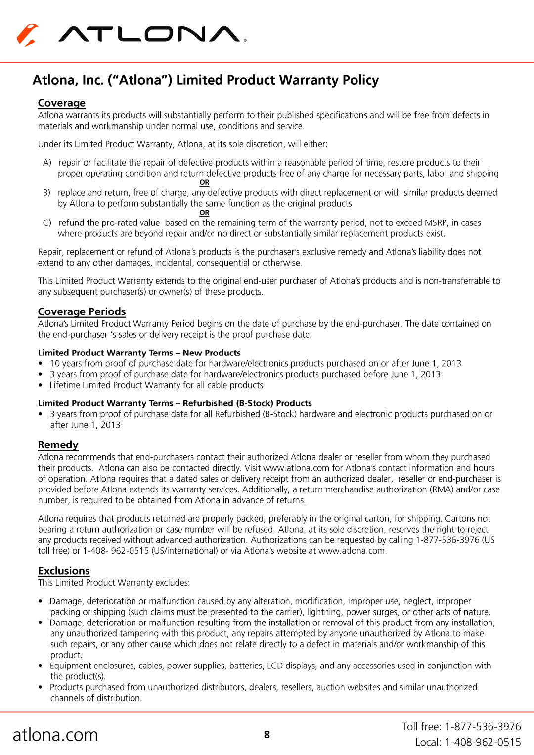 Atlona AT-HDDA-2 user manual Atlona, Inc. Atlona Limited Product Warranty Policy, Coverage Periods, Remedy Exclusions 