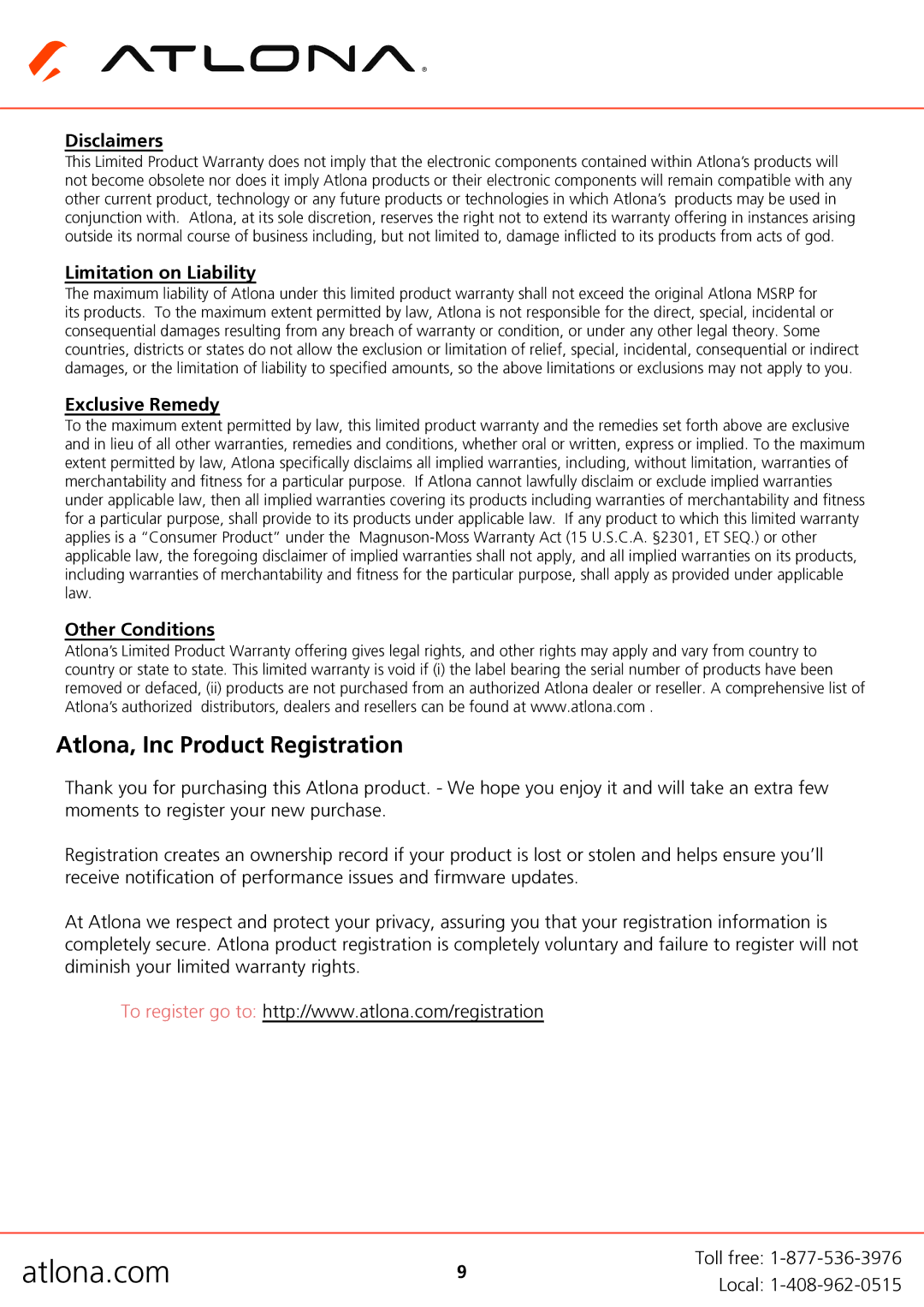 Atlona AT-HDDA-2 user manual Atlona, Inc Product Registration, Disclaimers, Limitation on Liability, Exclusive Remedy 