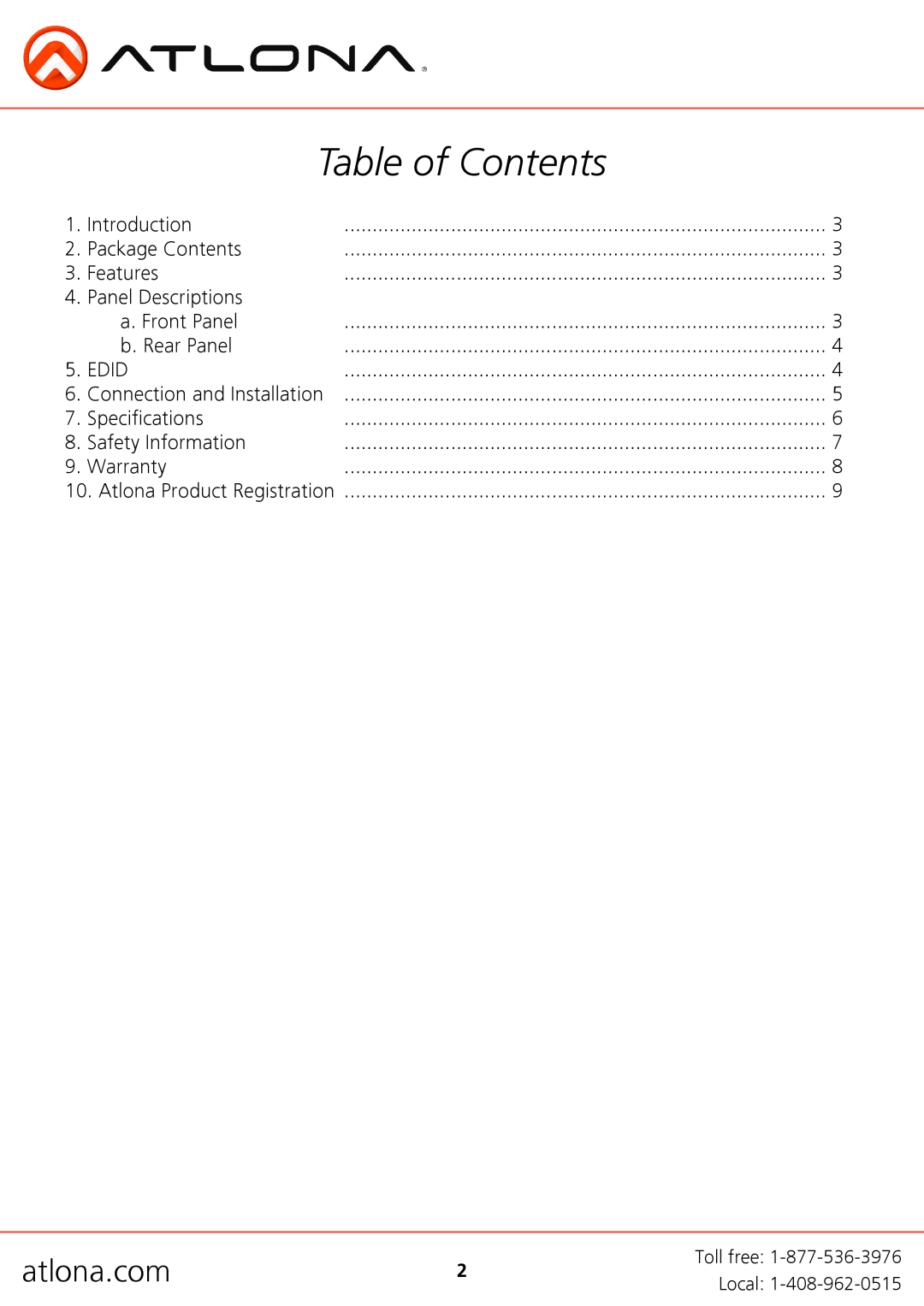 Atlona AT-HDDA-2 user manual Table of Contents 