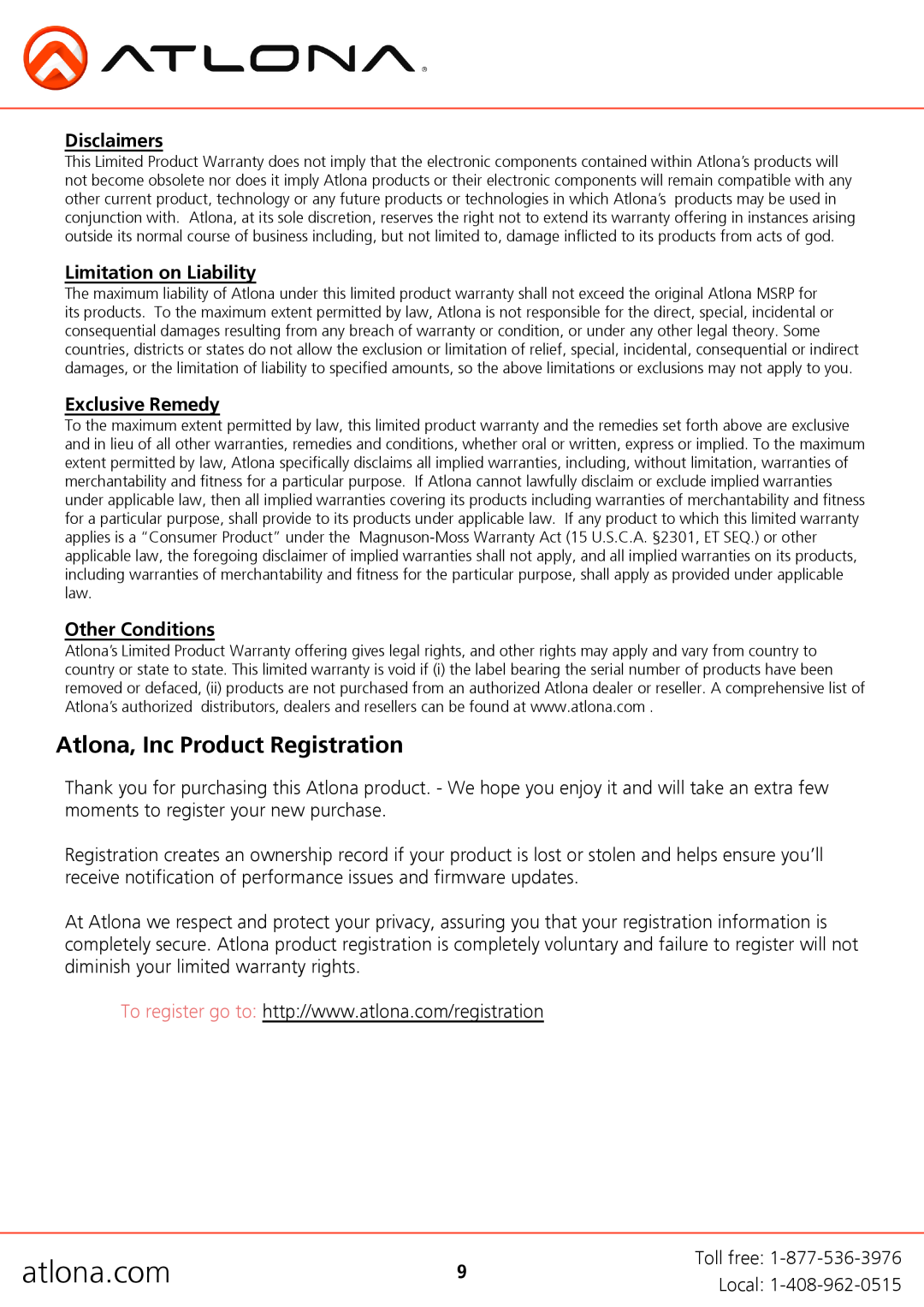 Atlona AT-HDDA-2 user manual Atlona, Inc Product Registration, Disclaimers, Limitation on Liability, Exclusive Remedy 