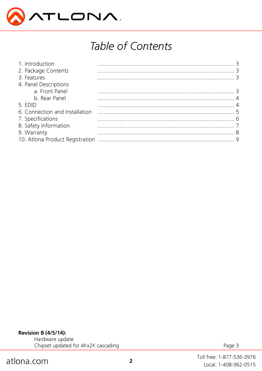 Atlona AT-HDDA-2 user manual Table of Contents, atlona.com 