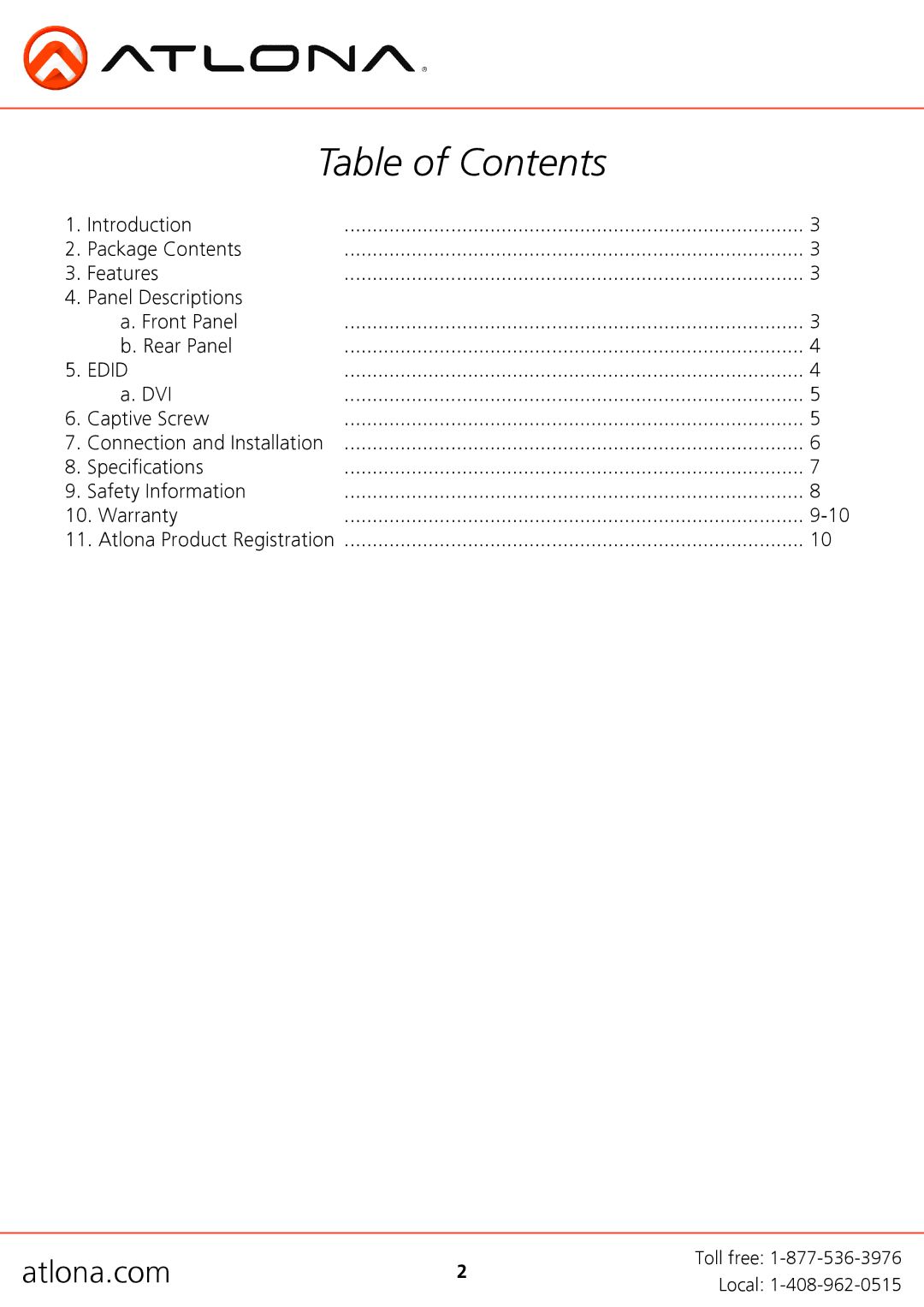 Atlona AT-HDDA-8 user manual Table of Contents 