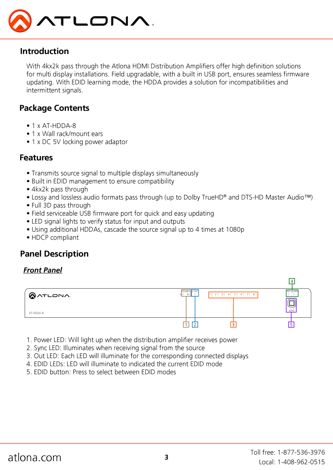 Atlona AT-HDDA-8 user manual Introduction, Package Contents, Features, Panel Description, Front Panel 