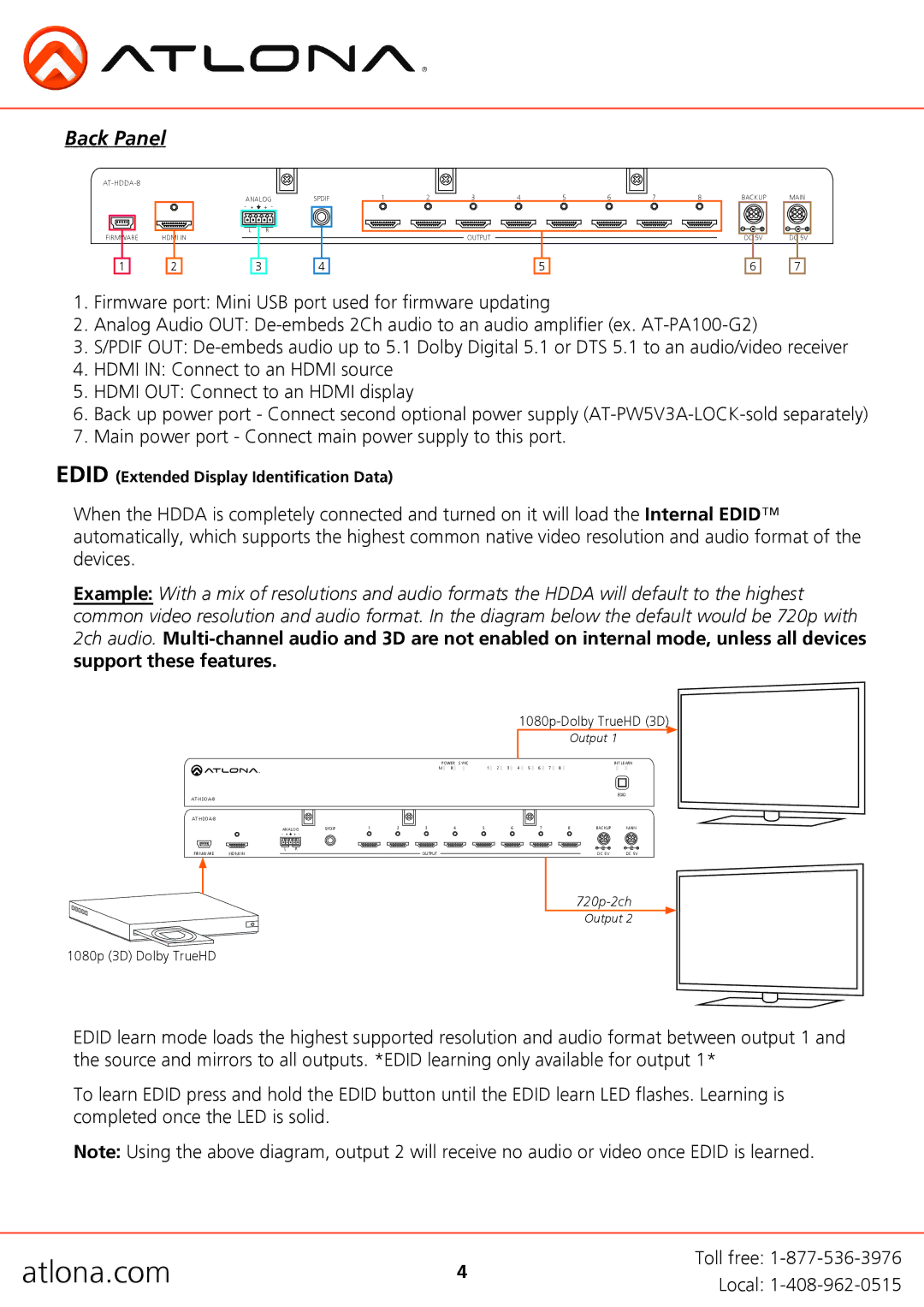 Atlona AT-HDDA-8 user manual Back Panel 