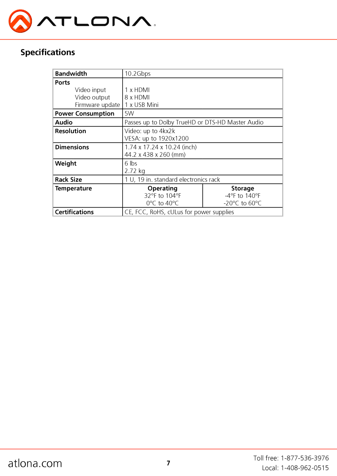 Atlona AT-HDDA-8 user manual Specifications 