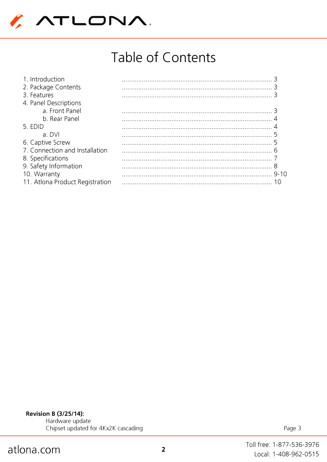 Atlona AT-HDDA-8 user manual Table of Contents 