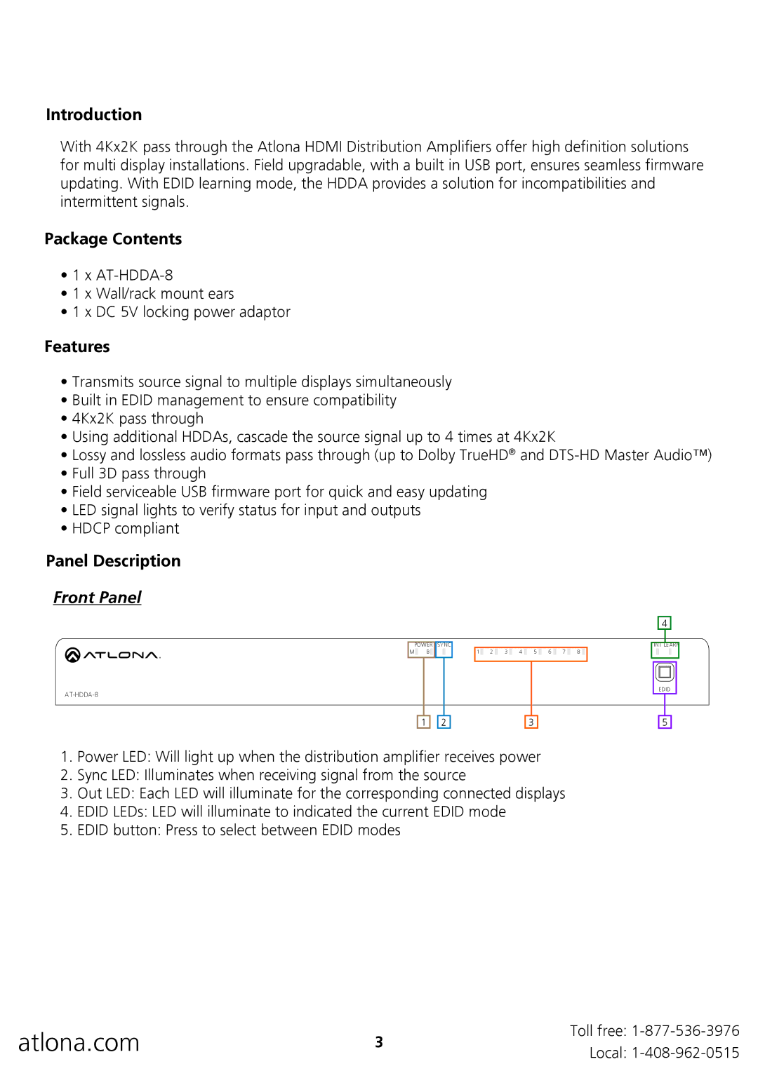 Atlona AT-HDDA-8 user manual Introduction, Package Contents, Features, Panel Description, Front Panel 