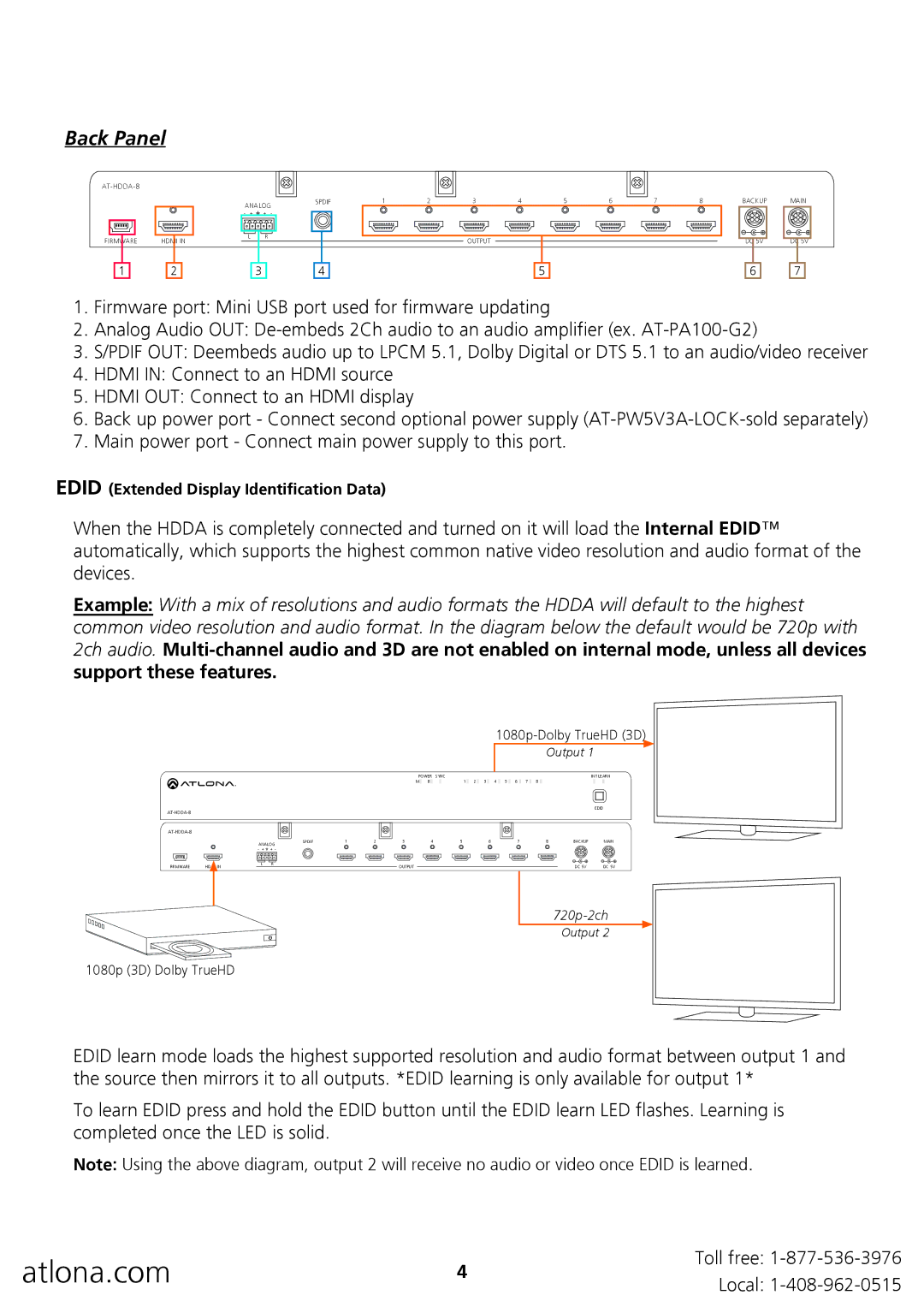 Atlona AT-HDDA-8 user manual Back Panel 