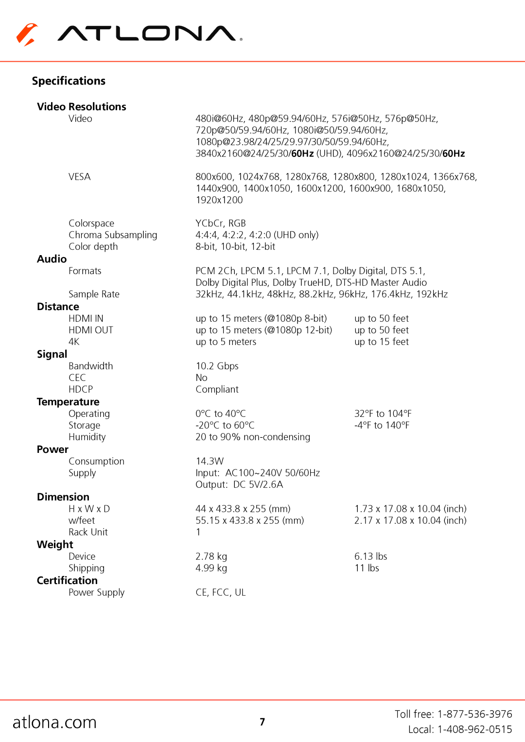 Atlona AT-HDDA-8 user manual Specifications 