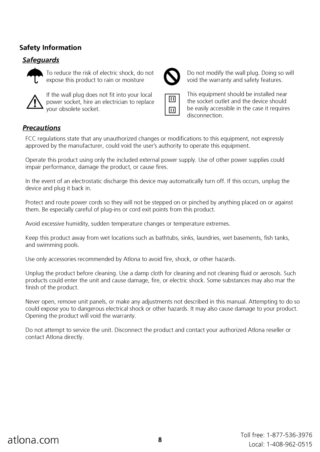 Atlona AT-HDDA-8 user manual Safety Information, Safeguards, Precautions 