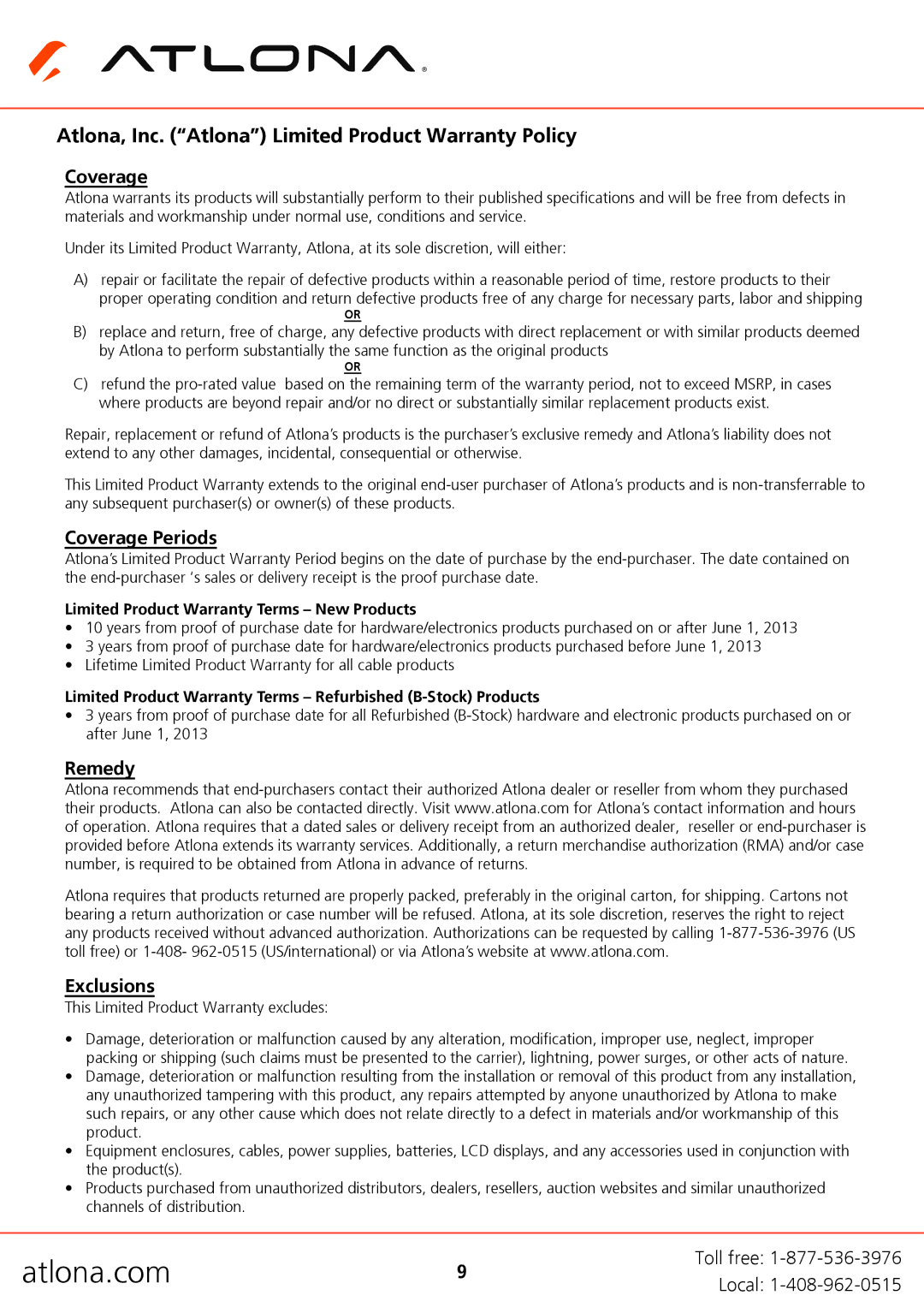 Atlona AT-HDDA-8 user manual Atlona, Inc. Atlona Limited Product Warranty Policy, Coverage Periods, Remedy Exclusions 