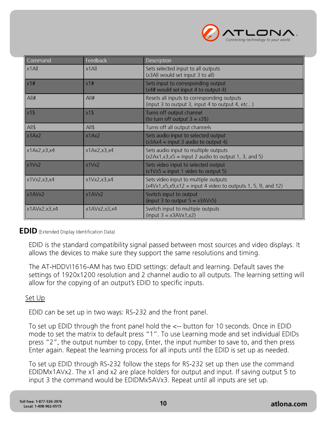 Atlona AT-HDDVI1616-AM user manual Edid Extended Display Identification Data 