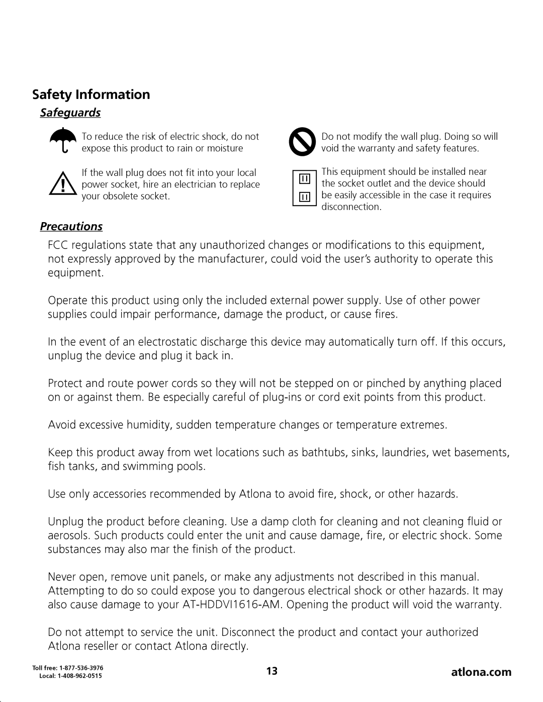 Atlona AT-HDDVI1616-AM user manual Safety Information, Safeguards, Precautions 