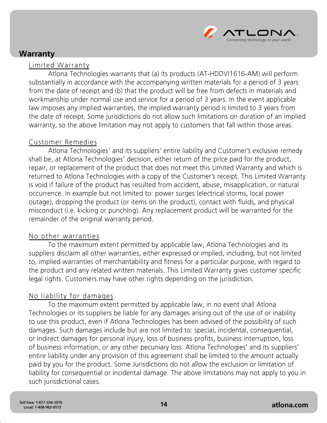 Atlona AT-HDDVI1616-AM user manual Warranty 