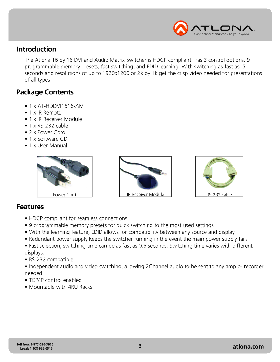 Atlona AT-HDDVI1616-AM user manual Introduction, Package Contents, Features 