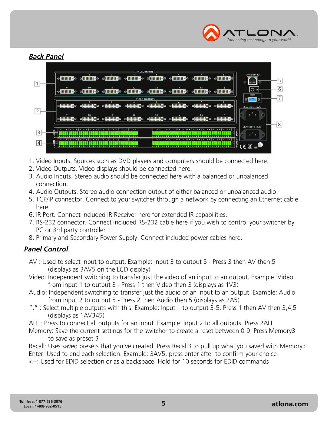 Atlona AT-HDDVI1616-AM user manual Back Panel, Panel Control 