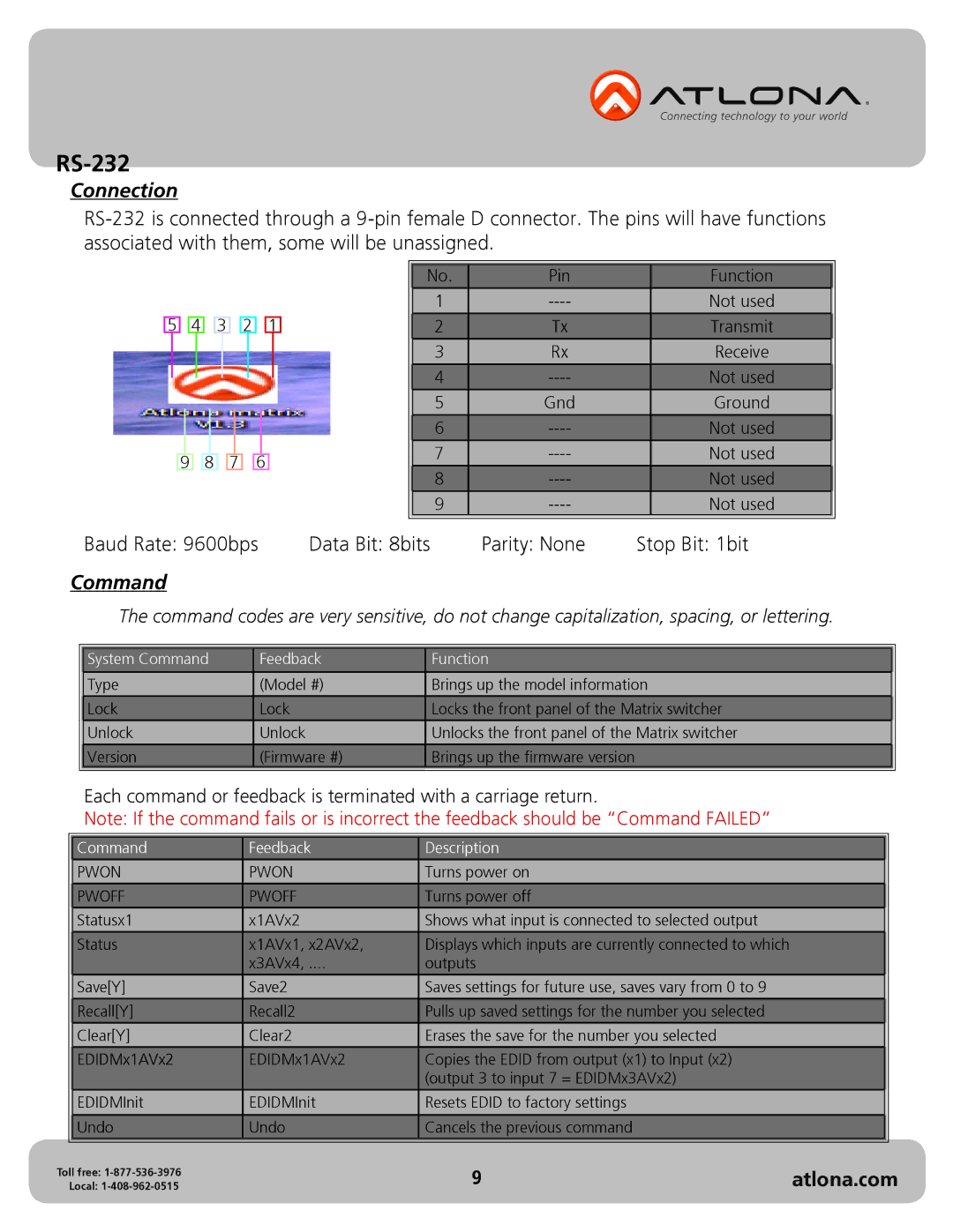 Atlona AT-HDDVI1616-AM user manual RS-232, Connection, Command 