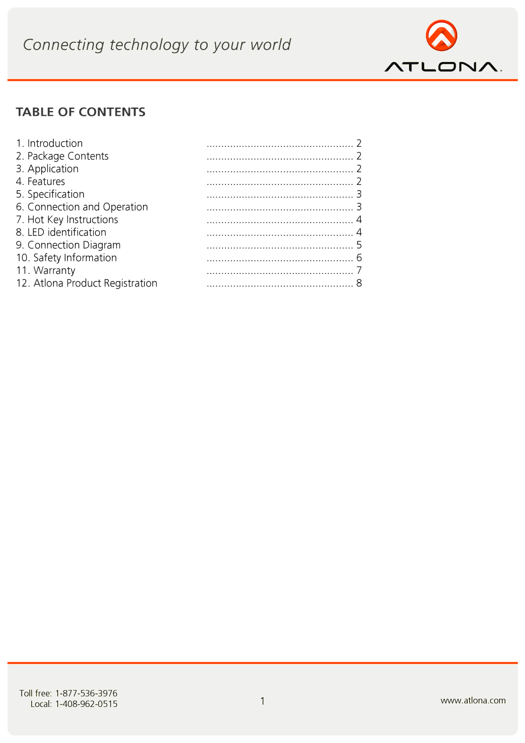 Atlona AT-HDKVM-V41, AT-HDKVM-V21 user manual Table of Contents 