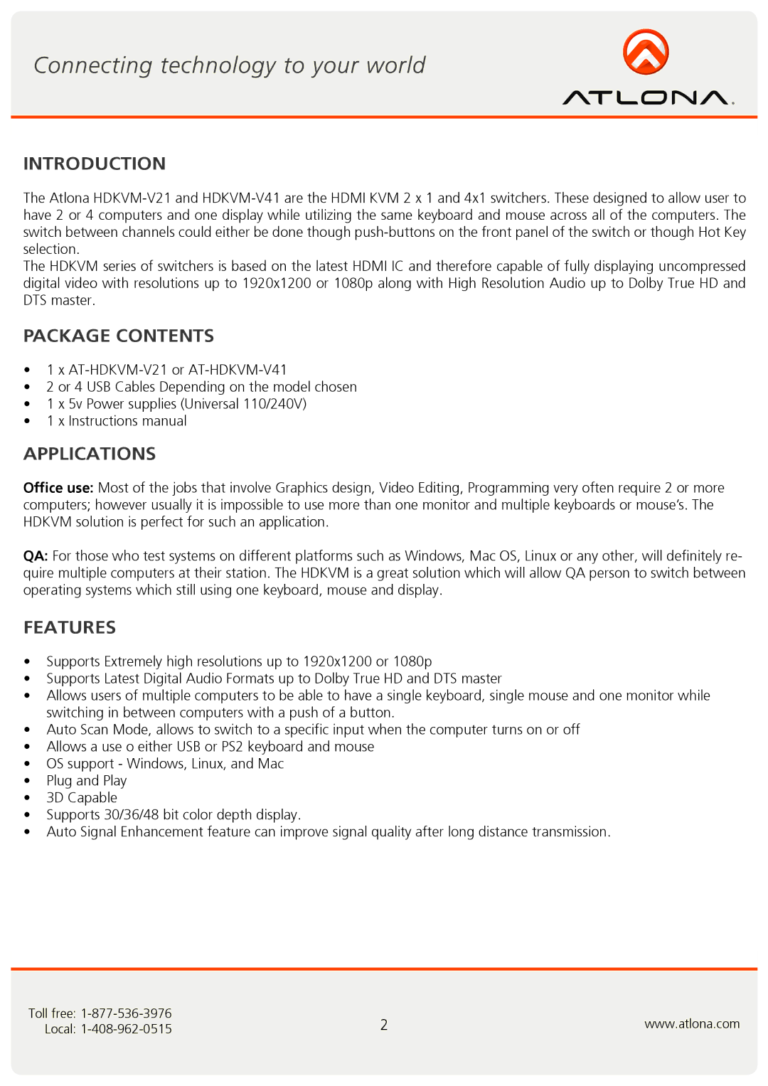 Atlona AT-HDKVM-V21, AT-HDKVM-V41 user manual Introduction, Package Contents, Applications, Features 