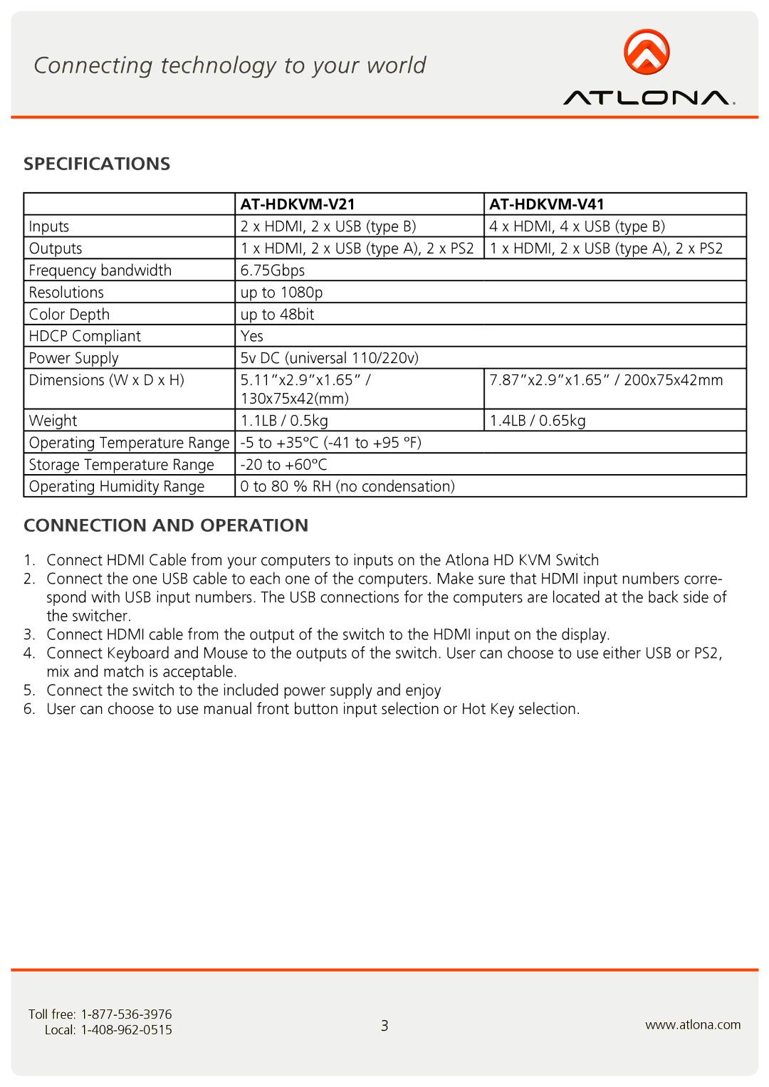 Atlona AT-HDKVM-V41, AT-HDKVM-V21 user manual Specifications, Connection and Operation 