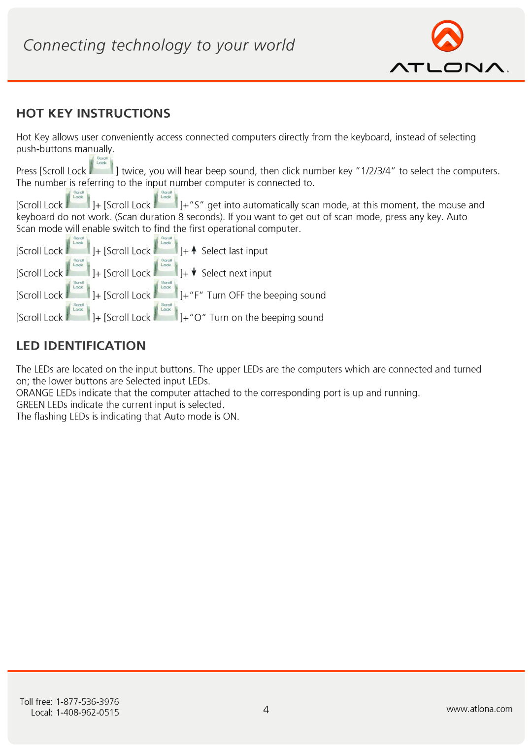 Atlona AT-HDKVM-V21, AT-HDKVM-V41 user manual HOT KEY Instructions, LED Identification 