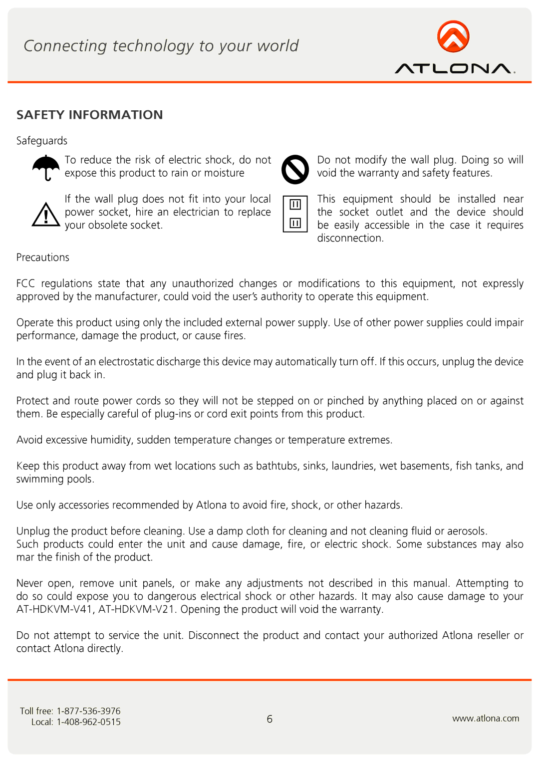 Atlona AT-HDKVM-V21, AT-HDKVM-V41 user manual Safety Information 