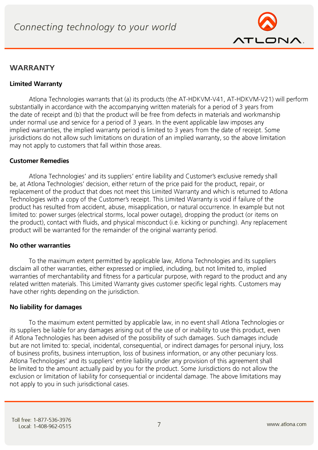 Atlona AT-HDKVM-V41, AT-HDKVM-V21 user manual Limited Warranty 
