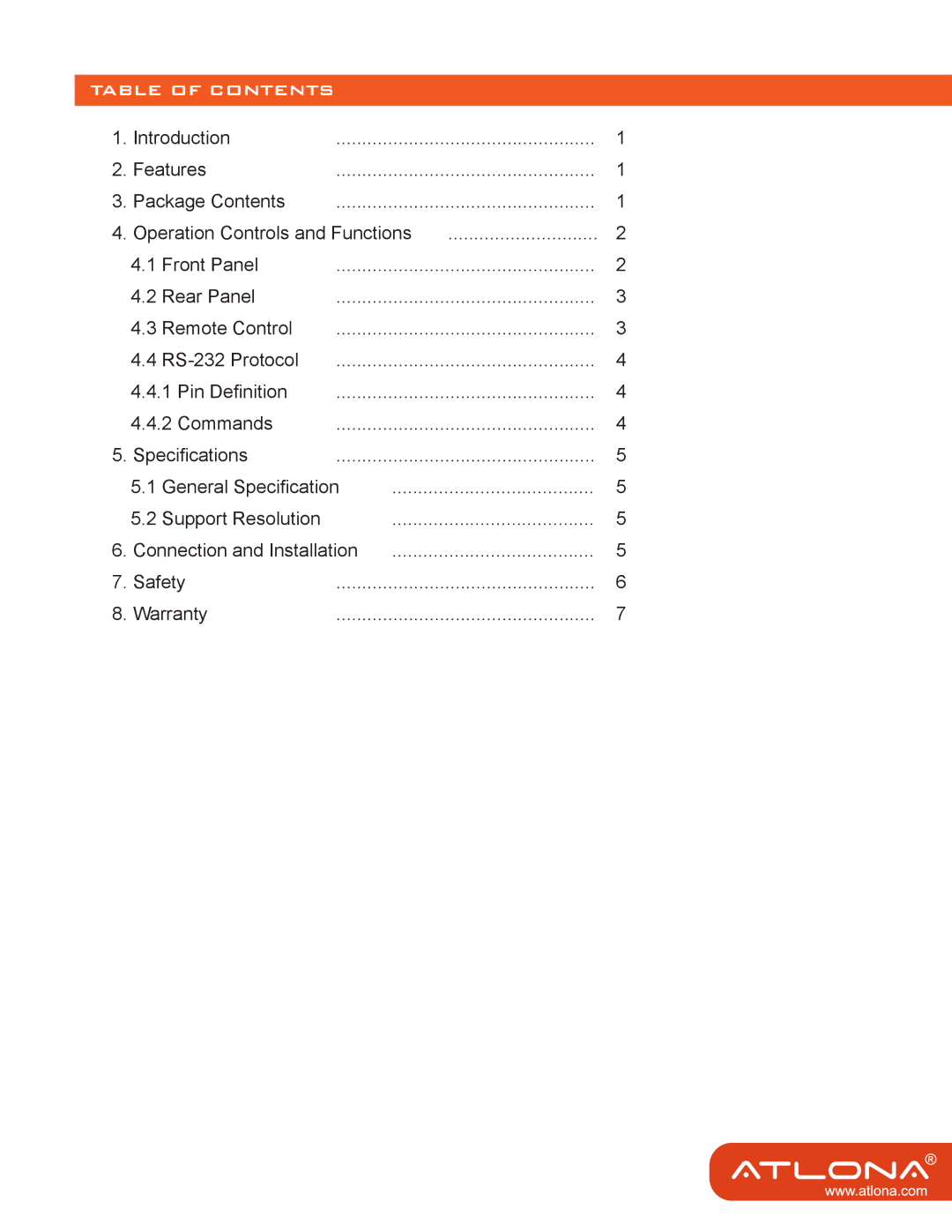 Atlona AT-HDMI-22M user manual Table of Contents 