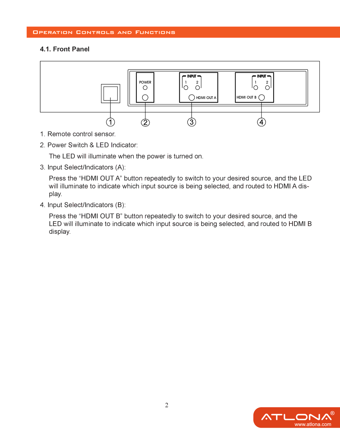 Atlona AT-HDMI-22M user manual Operation Controls and Functions, Front Panel 