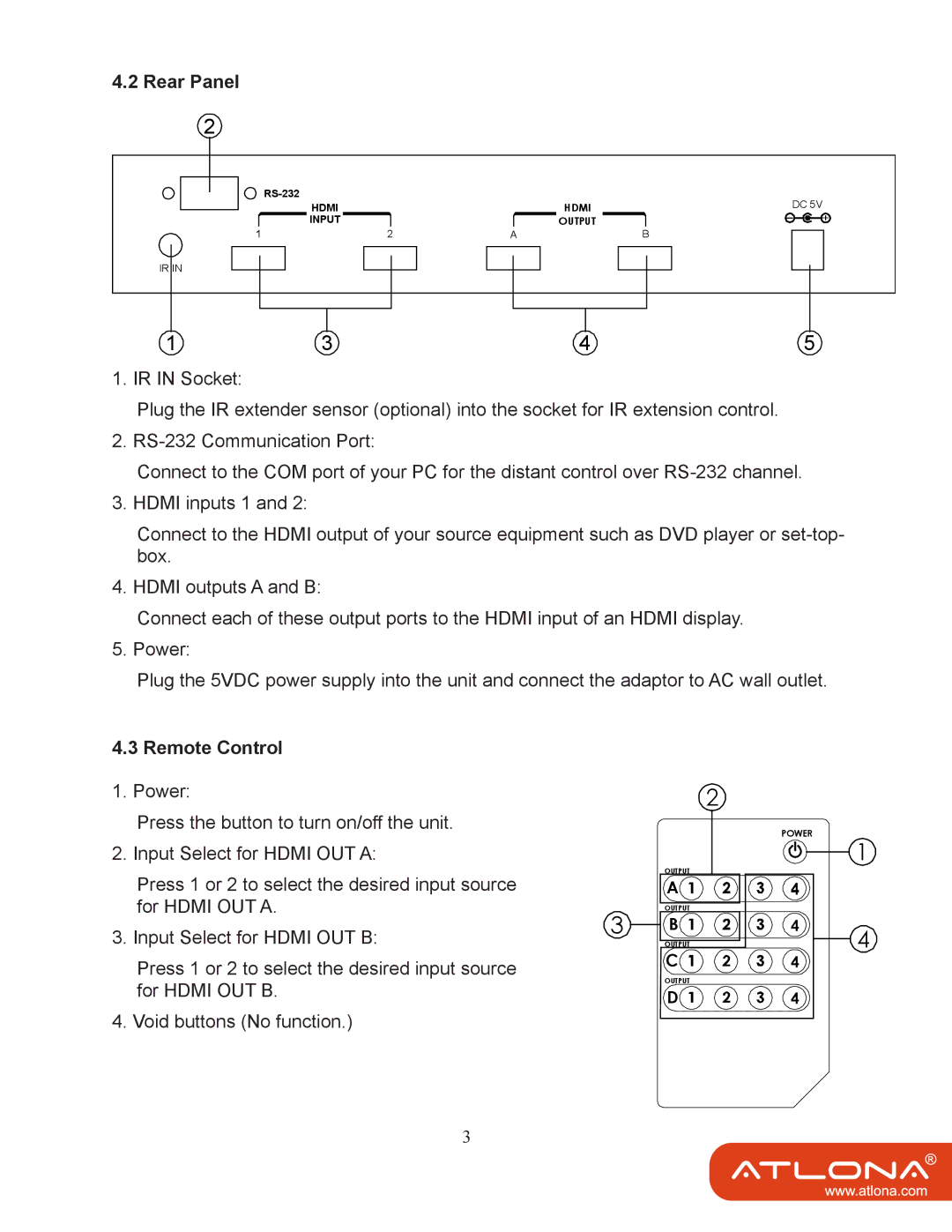 Atlona AT-HDMI-22M user manual Rear Panel, Remote Control 