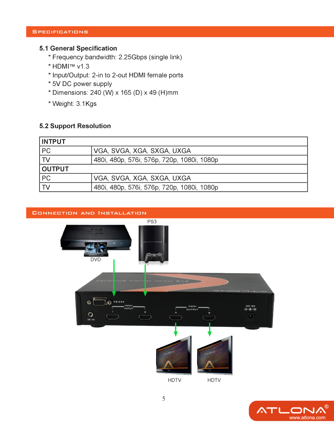 Atlona AT-HDMI-22M user manual Specifications, General Specification, Support Resolution, Connection and Installation 