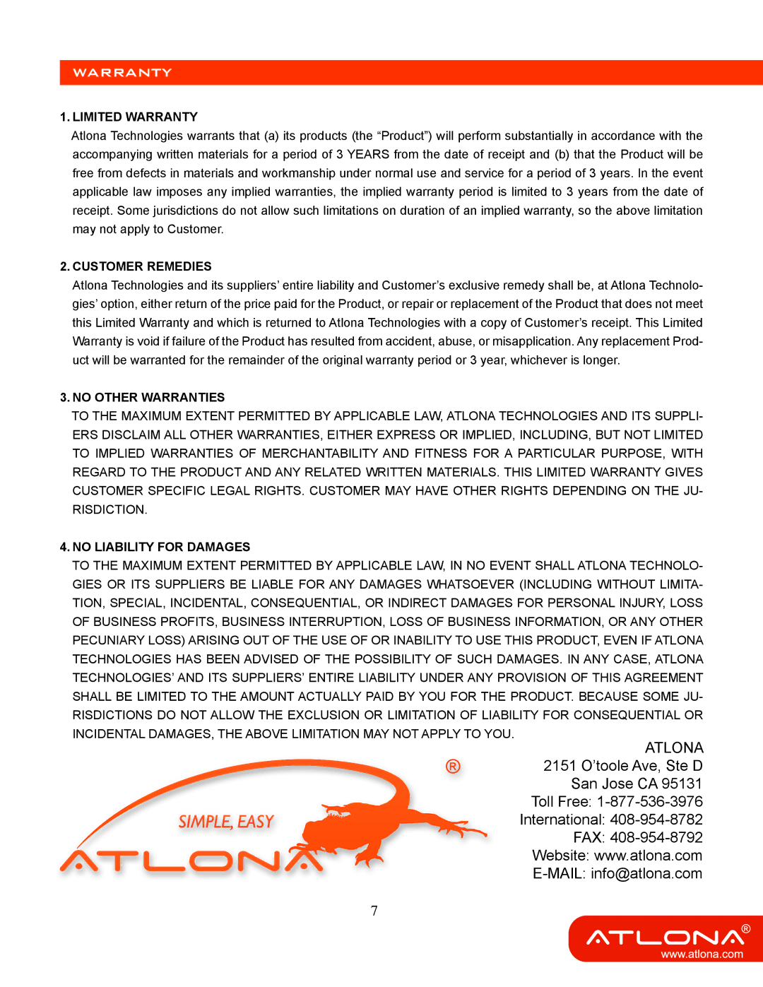 Atlona AT-HDMI-22M user manual Limited Warranty 