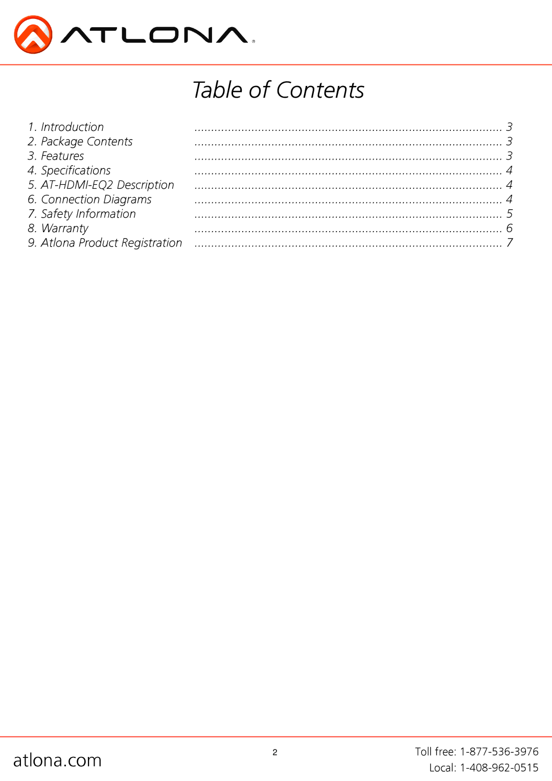 Atlona AT-HDMI-EQ2 user manual Table of Contents 