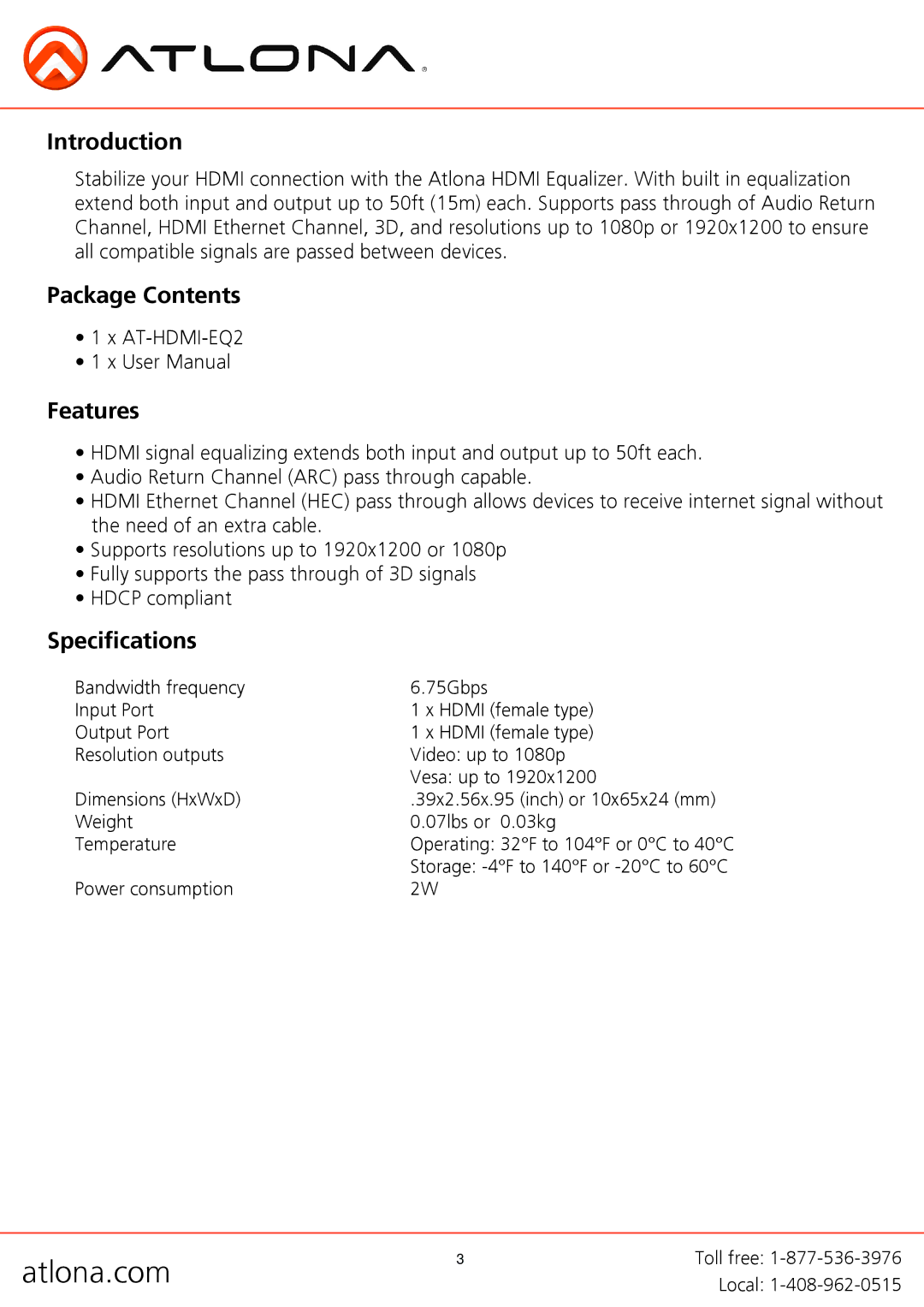 Atlona AT-HDMI-EQ2 user manual Introduction, Package Contents, Features, Specifications 