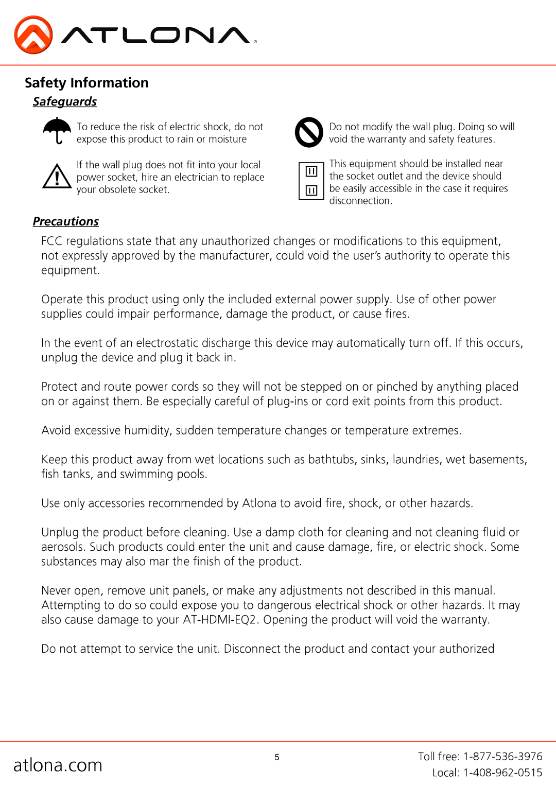 Atlona AT-HDMI-EQ2 user manual Safety Information, Safeguards 