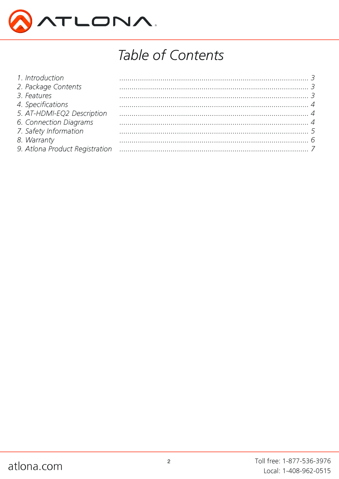 Atlona AT-HDMI-EQ2 user manual Table of Contents 