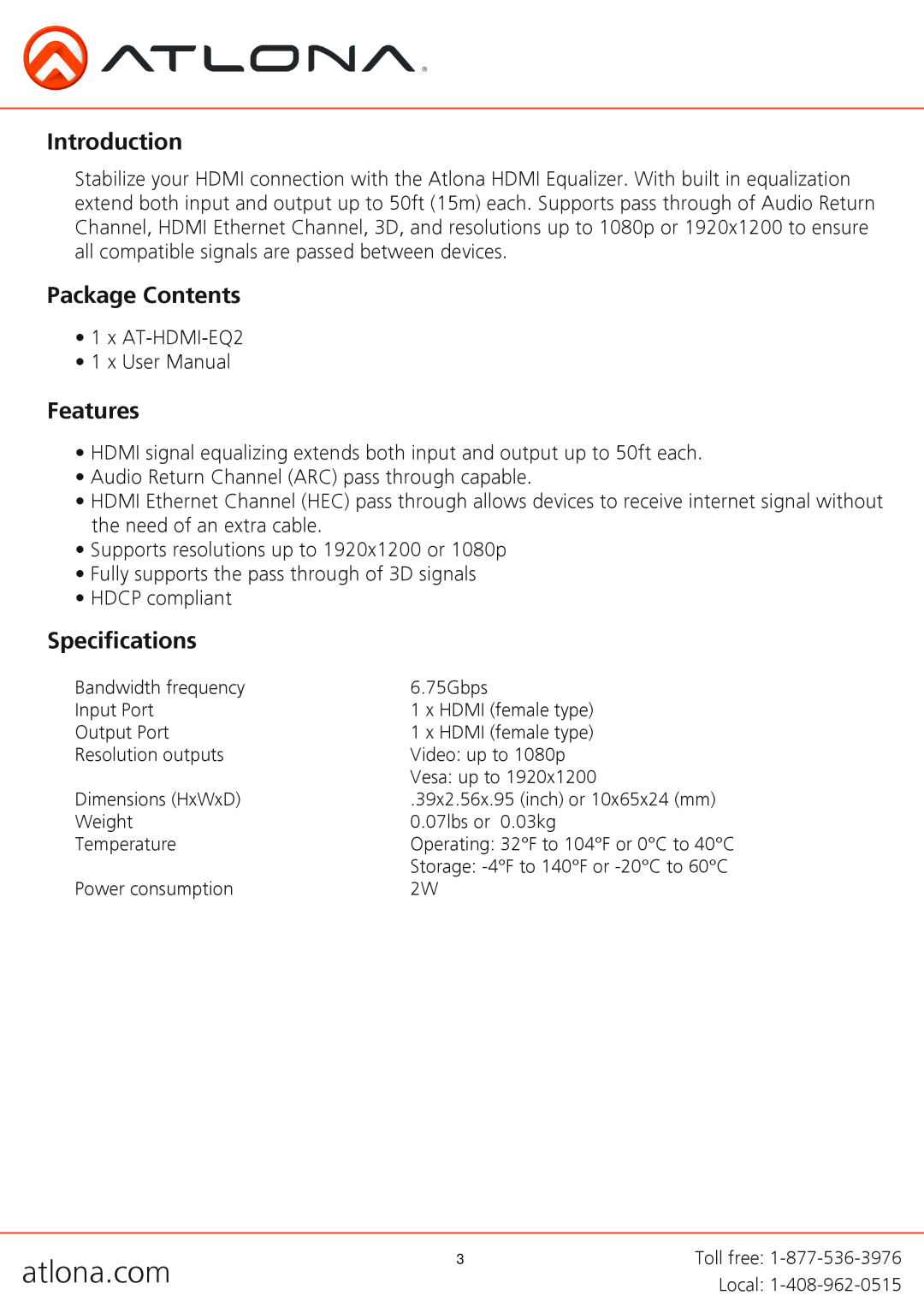 Atlona AT-HDMI-EQ2 user manual Introduction, Package Contents, Features, Specifications 