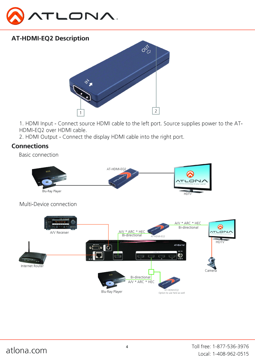 Atlona user manual AT-HDMI-EQ2Description, Connections 