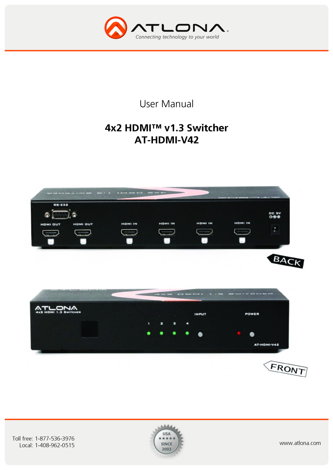 Atlona user manual 4x2 HDMI v1.3 Switcher AT-HDMI-V42, Toll free, Local 