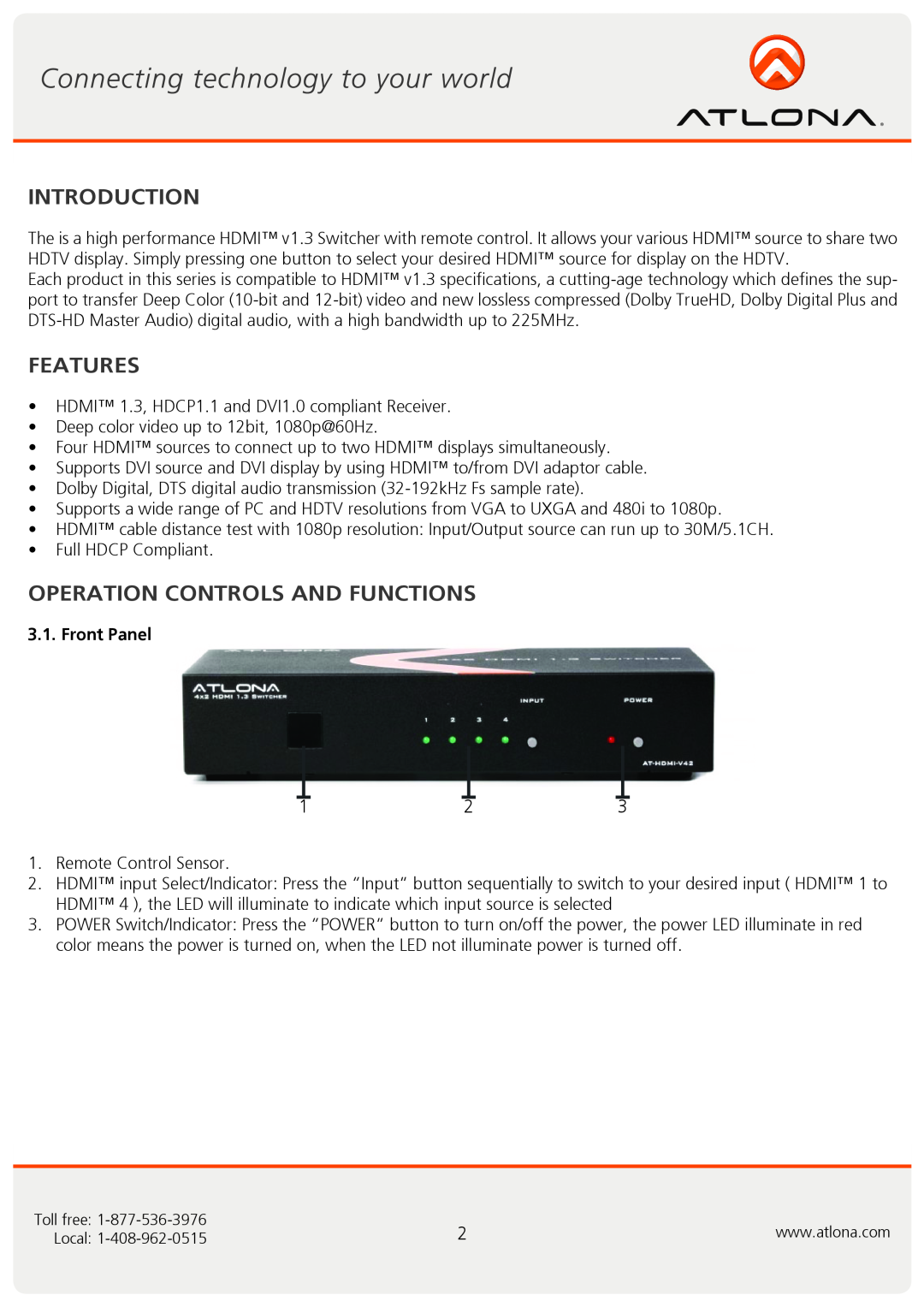Atlona AT-HDMI-V42 user manual Introduction, Features, Operation Controls And Functions, Front Panel 