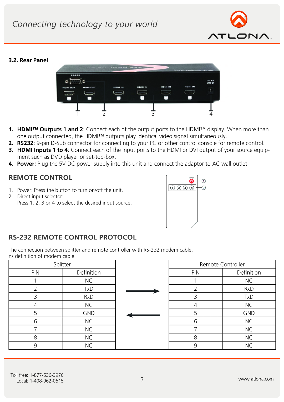 Atlona AT-HDMI-V42 user manual Remote Control, RS-232REMOTE CONTROL PROTOCOL, Rear Panel 