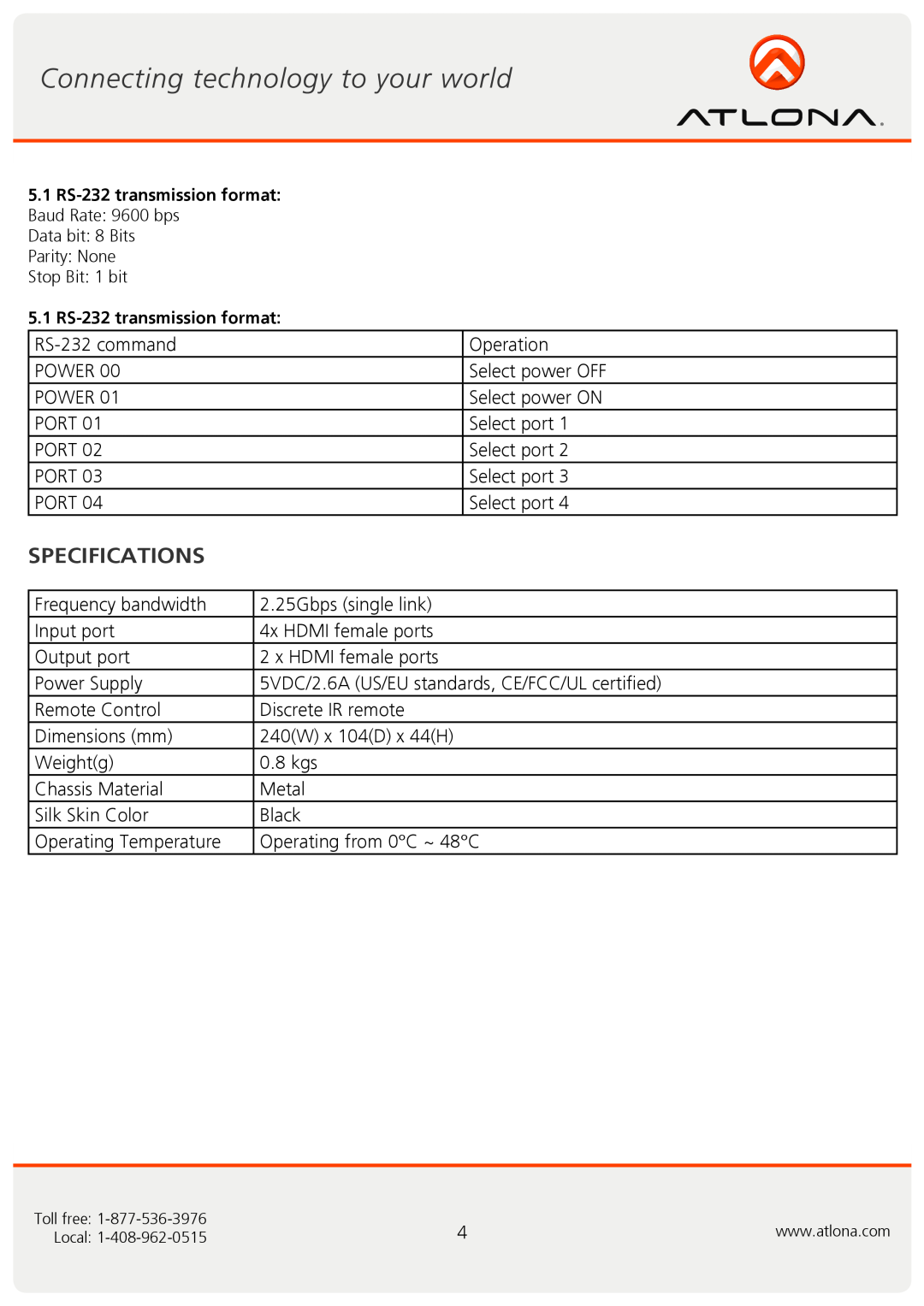 Atlona AT-HDMI-V42 user manual Specifications 