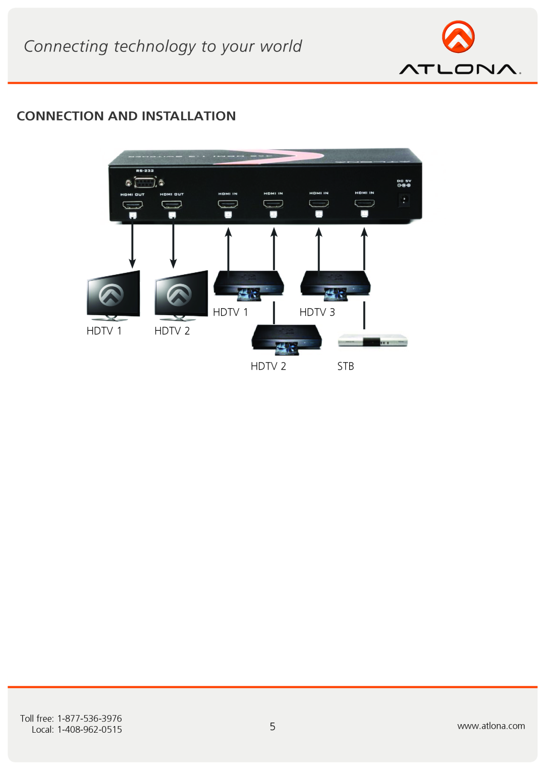 Atlona AT-HDMI-V42 user manual Connection And Installation, Hdtv, Toll free, Local 