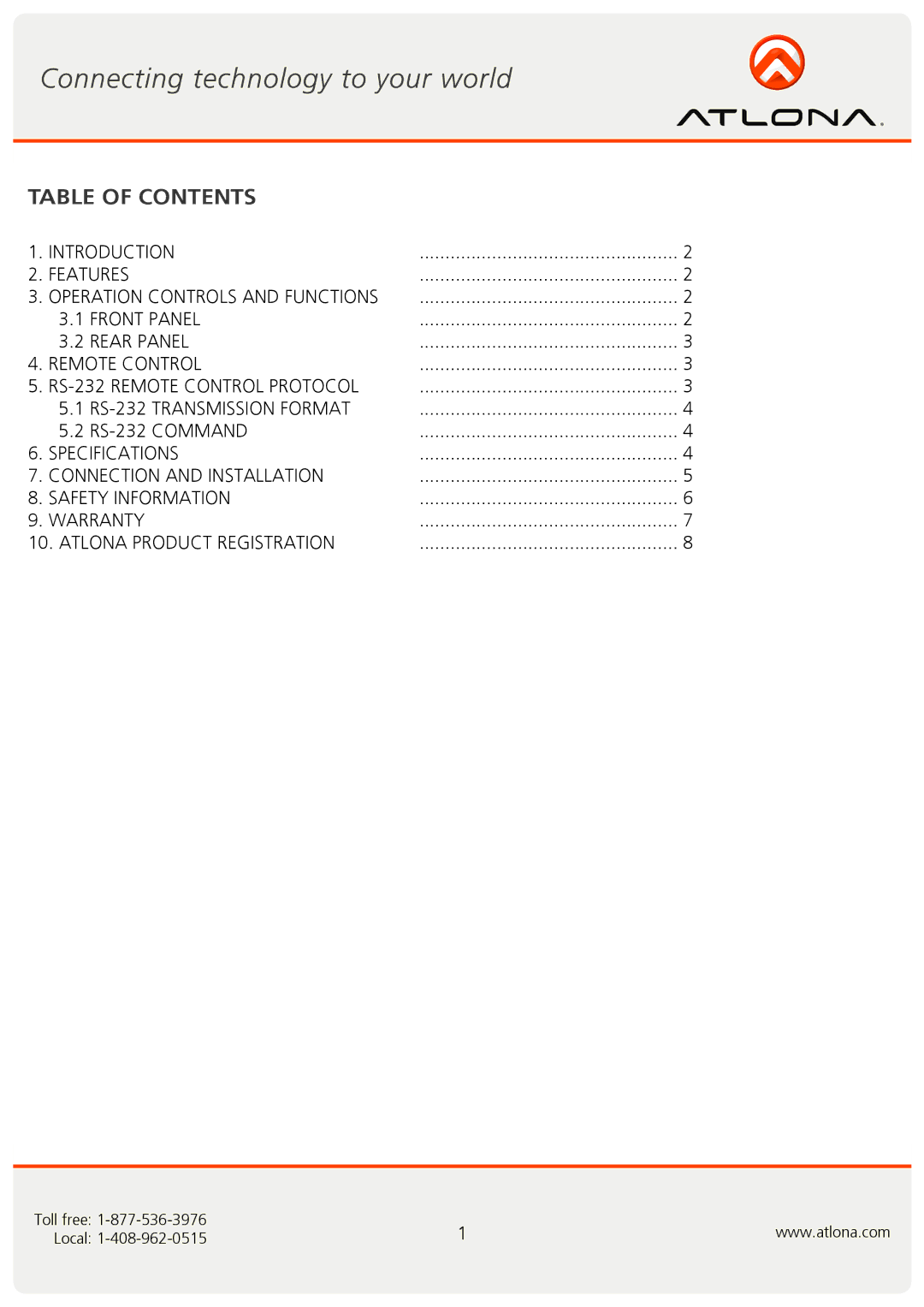 Atlona AT-HDMI-V42 user manual Table of Contents 