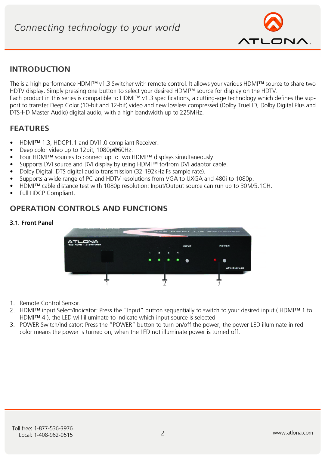 Atlona AT-HDMI-V42 user manual Introduction, Features, Operation Controls and Functions 